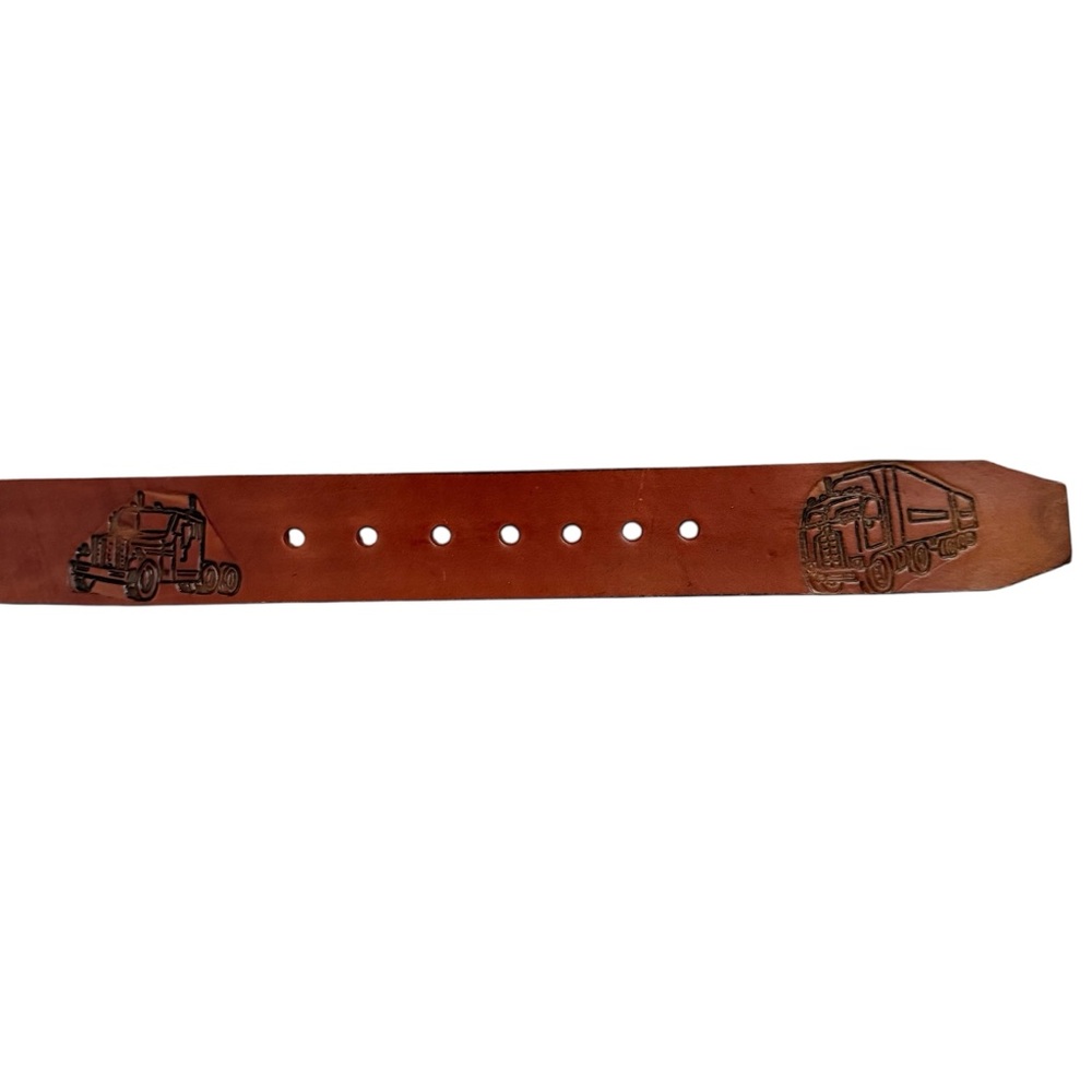 Vintage Tooled Transport Truck Brown Leather Belt Size 36 Removable Buckle USA - Picture 7 of 15